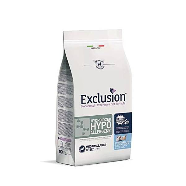 Exclusion Hydrolyzed Hypoallergenic cane medium\large,  Pesce e Amido di Mais 12 Kg